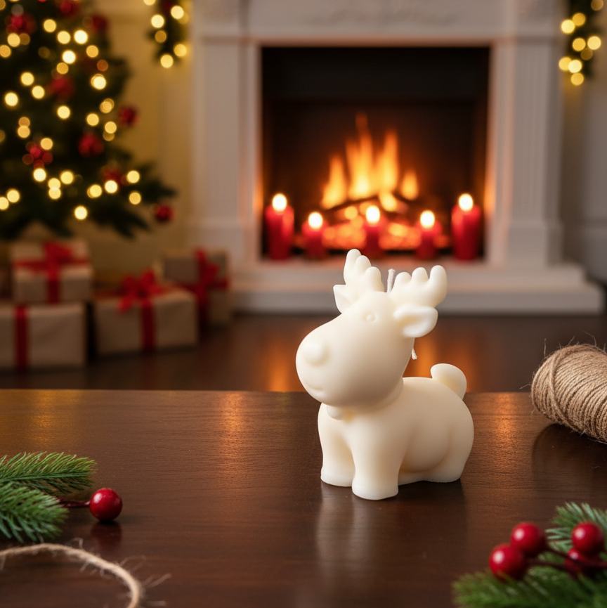 Cream reindeer soy candle figurine with antlers, standing on wooden surface