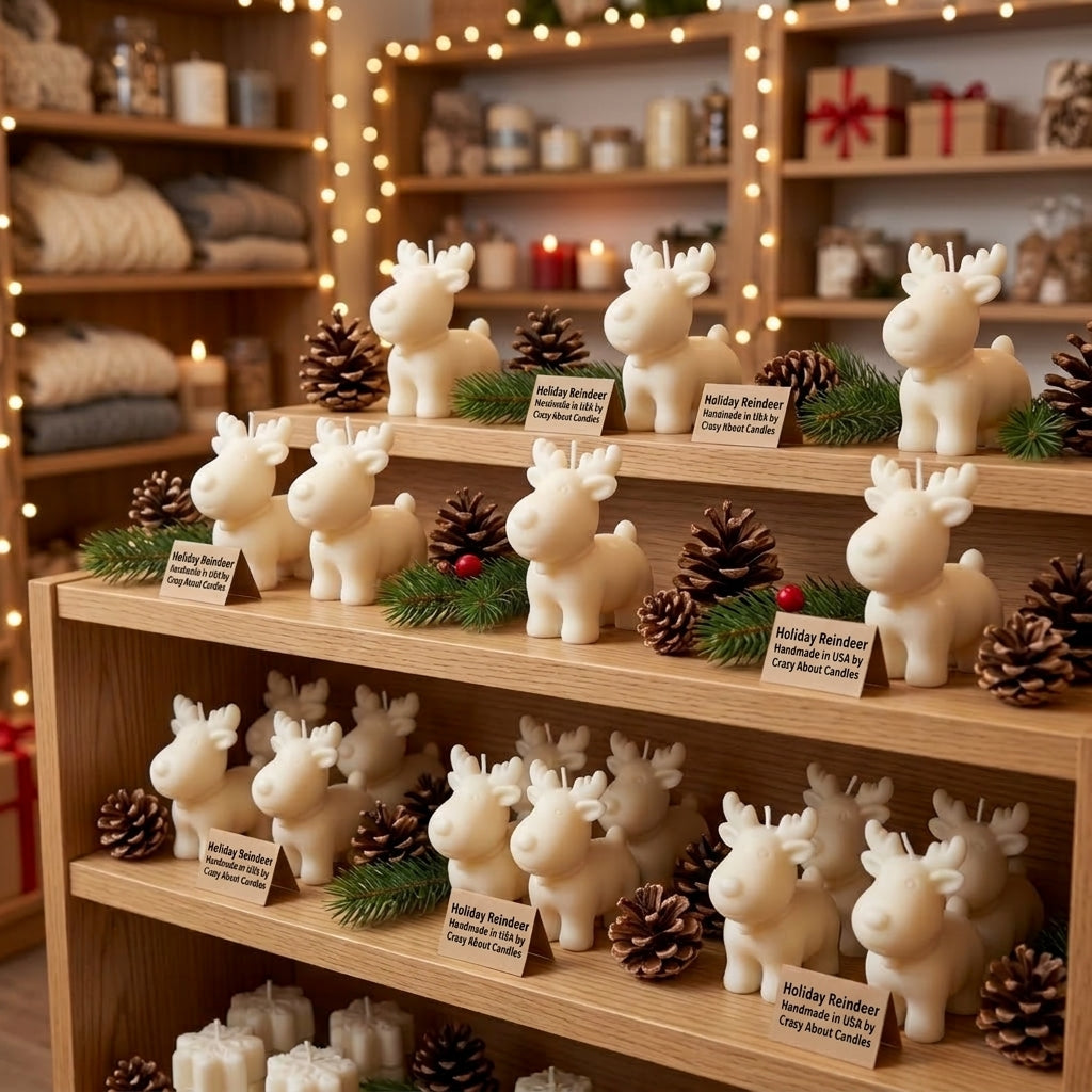Set of cream reindeer soy candles with pinecones and small gift tags on display