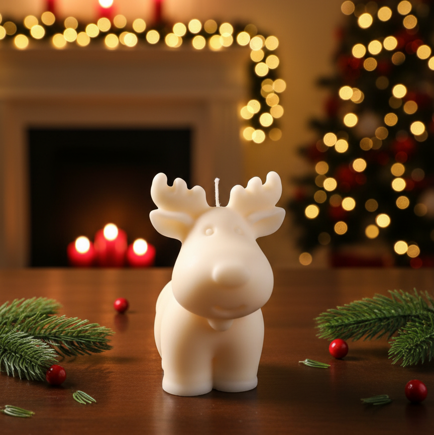 Cream reindeer soy candle figurine with raised antlers, front view on tabletop