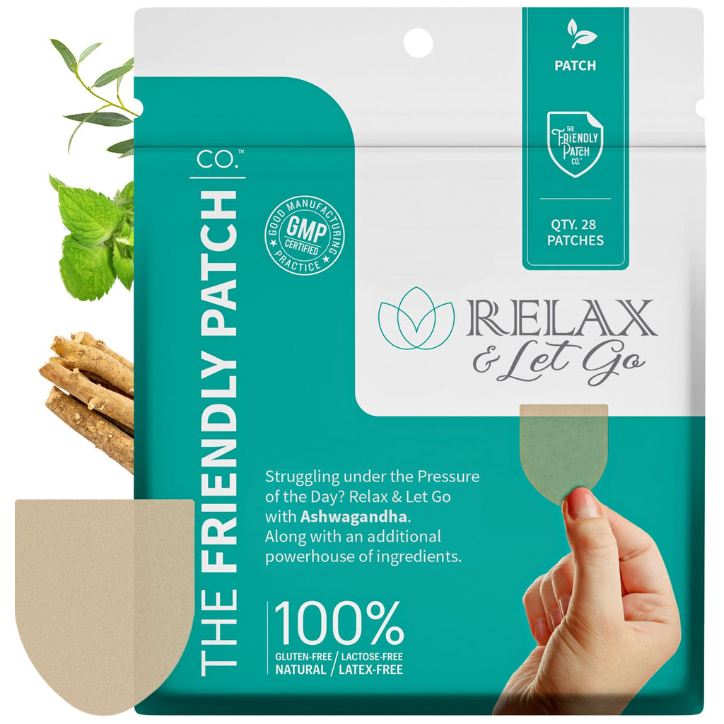 Relax & Let Go patch pouch close-up with botanical ingredients and hand placement