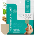 Relax & Let Go patch pouch close-up with botanical ingredients and hand placement
