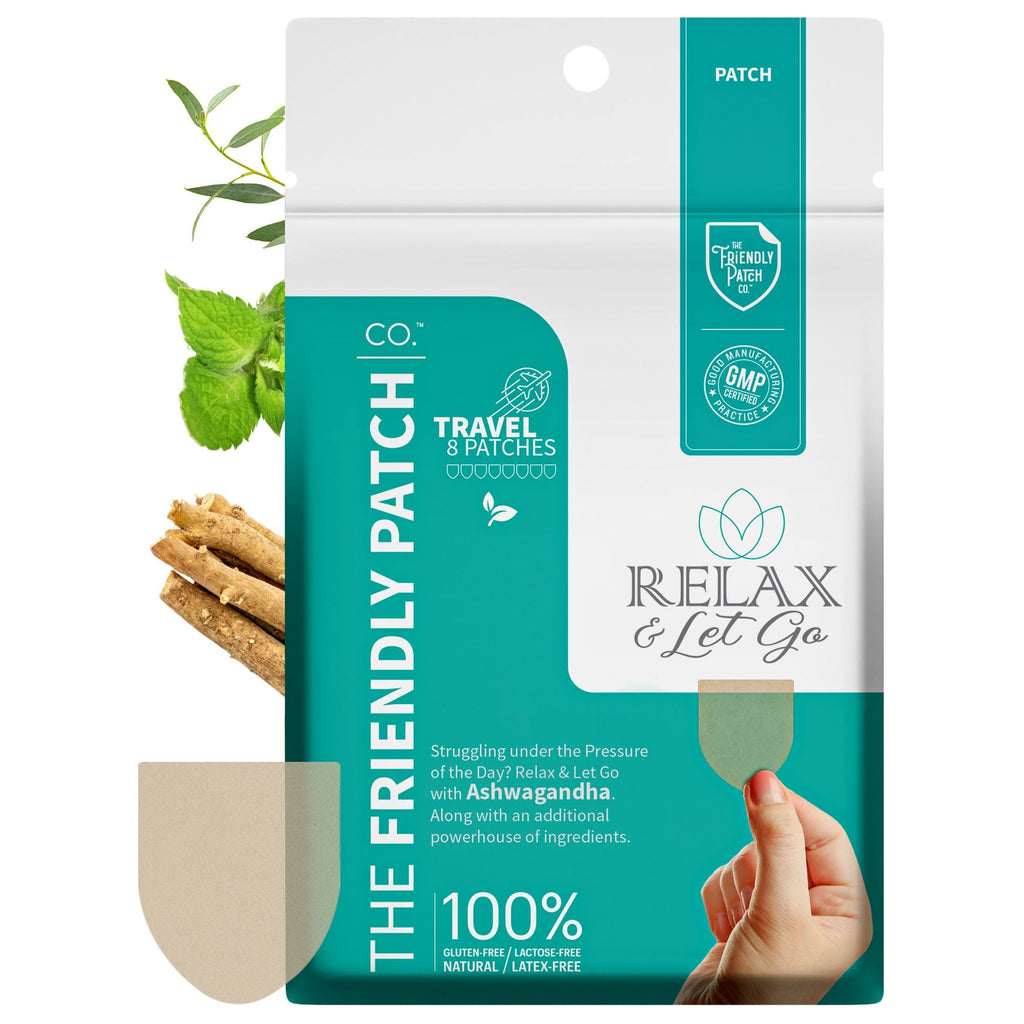 8-pack travel patch packet, teal and white package with hand holding patch