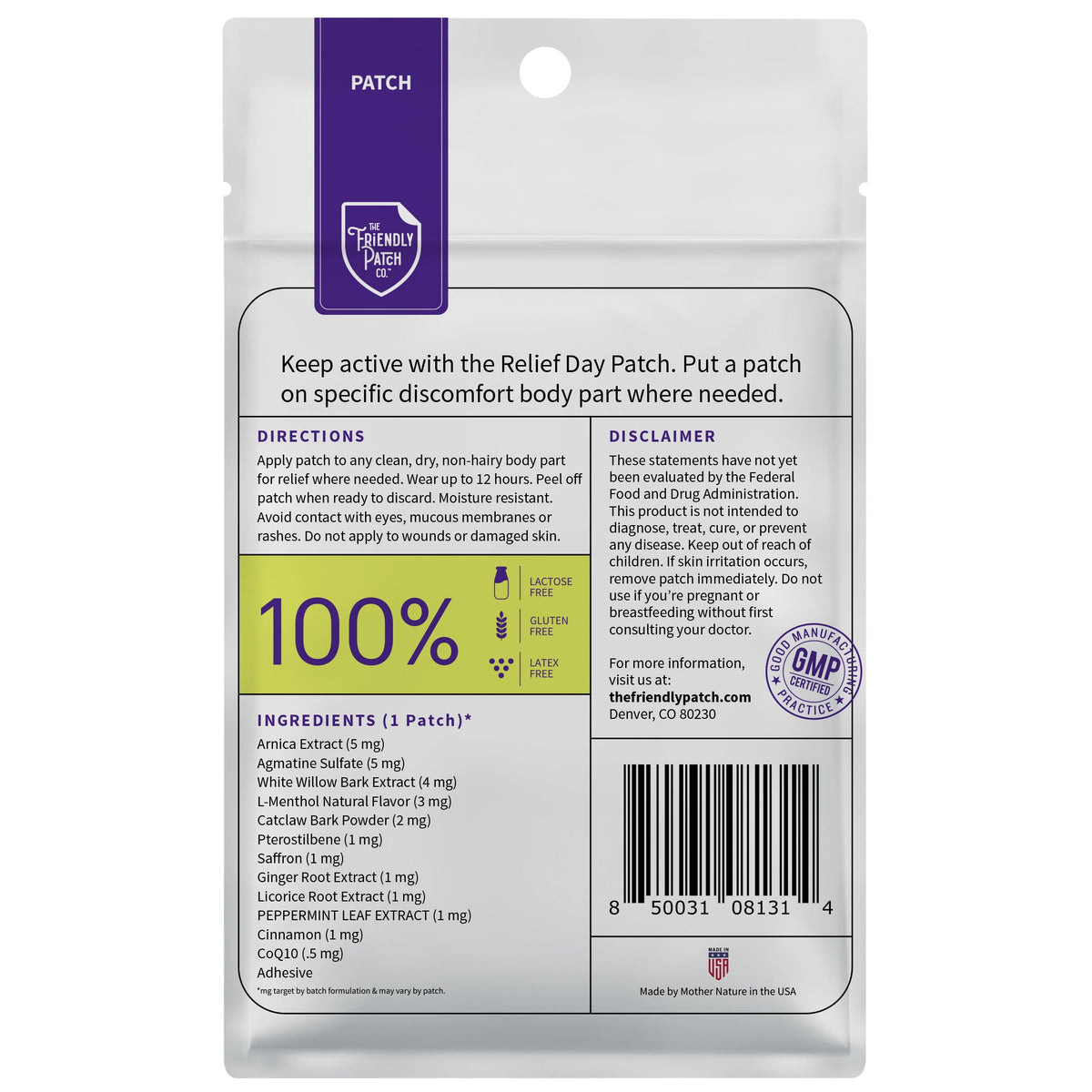 Back panel of patch pouch with directions, ingredients, and barcode