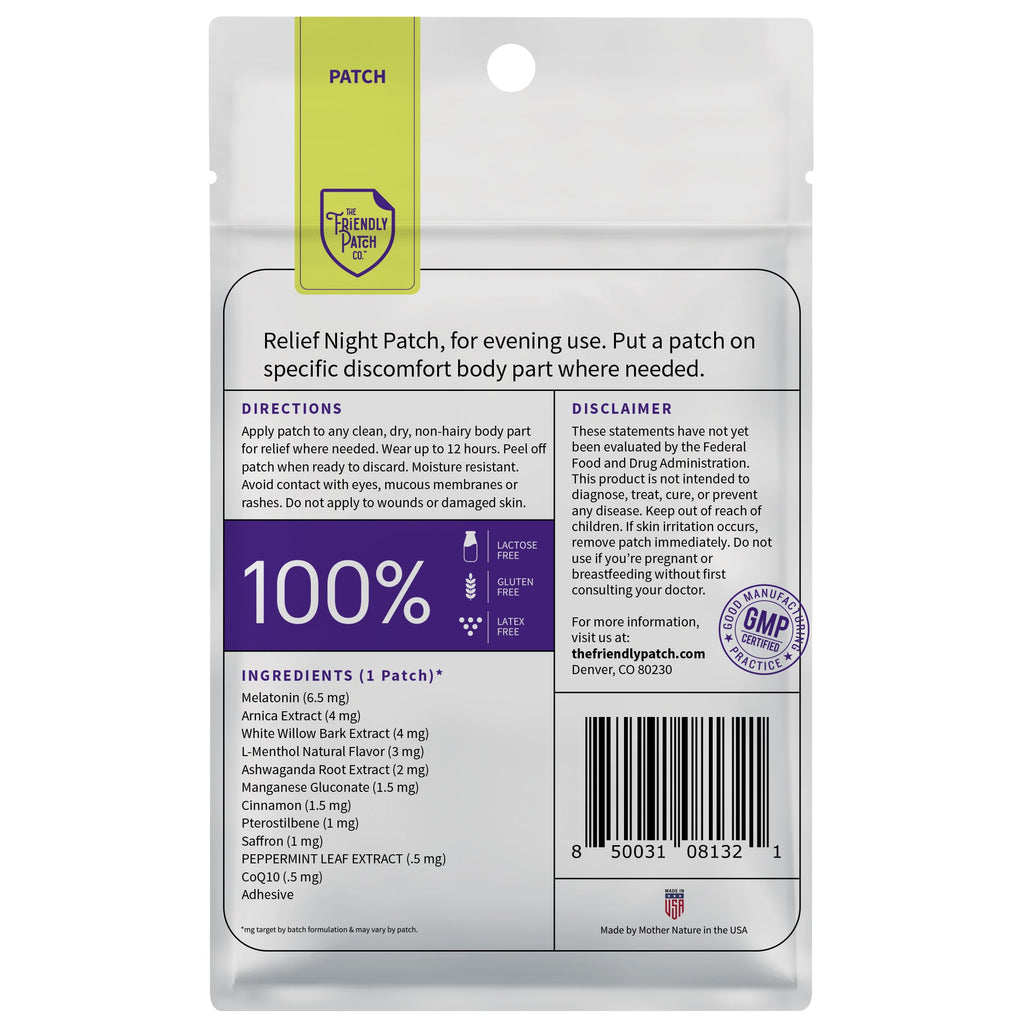 Relief night patch pouch back panel with directions and ingredient list