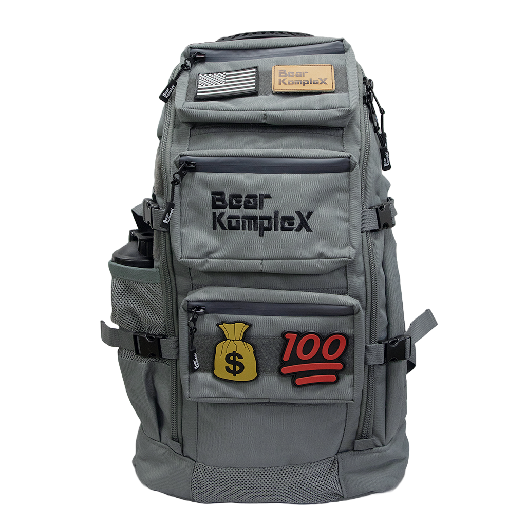 BKX military backpack in grey with front zip pockets and MOLLE webbing