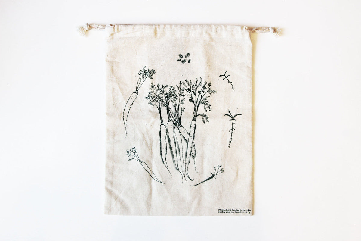 Off-white reusable cotton produce bag with botanical print and drawstring closure