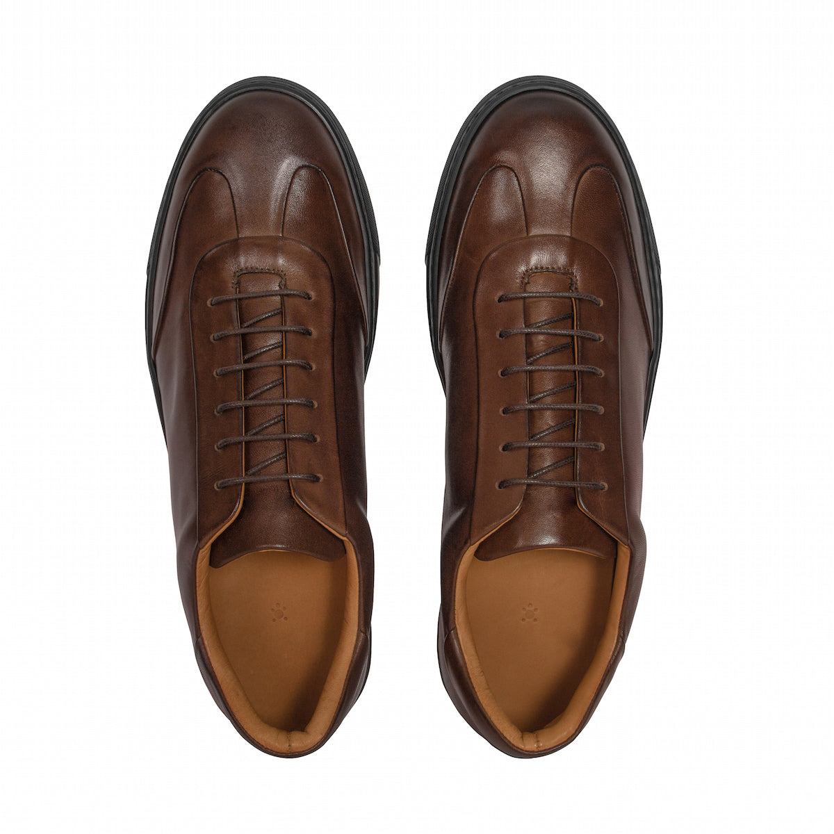 Brown leather lace-up oxford shoes, front view with tan interior