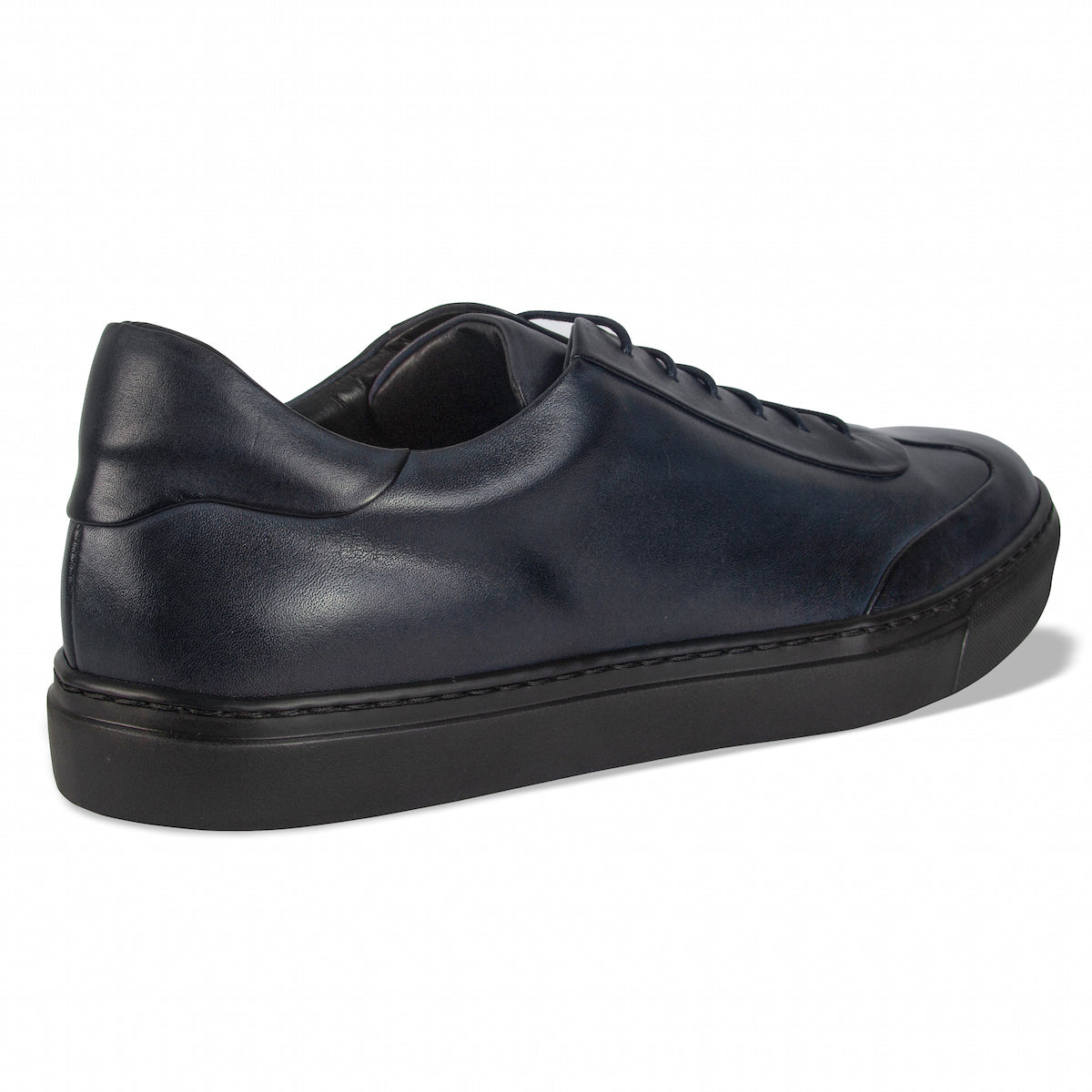 Men's dark blue leather lace-up sneakers, side profile