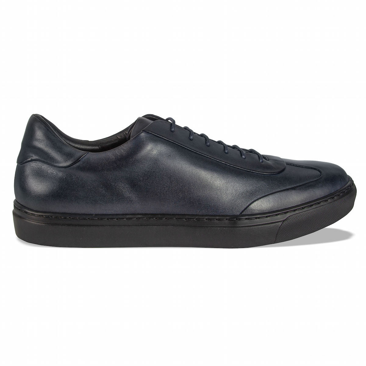 Men's dark blue leather lace-up sneakers with black rubber sole