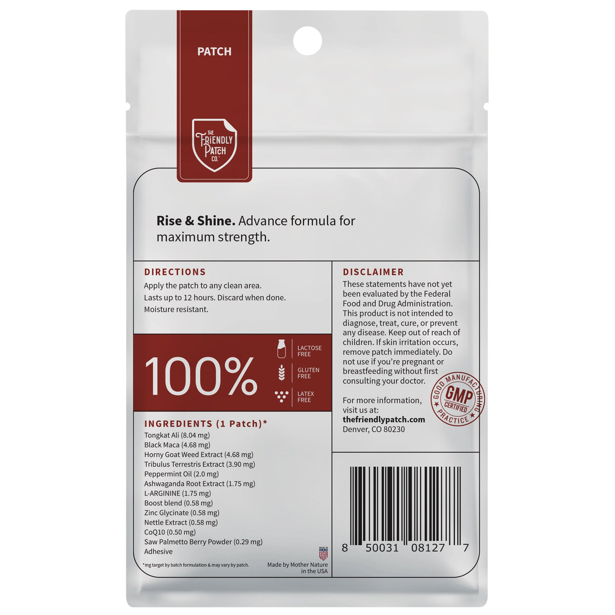 Patch pouch back panel with directions, ingredient list, and 100% latex-free