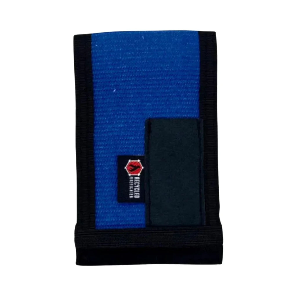 Firehose notebook cover, blue and black with fabric patch and elastic binding