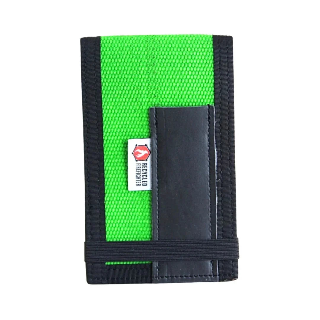 Rite in the Rain notebook cover, neon green front with dark gray pocket and navy trim
