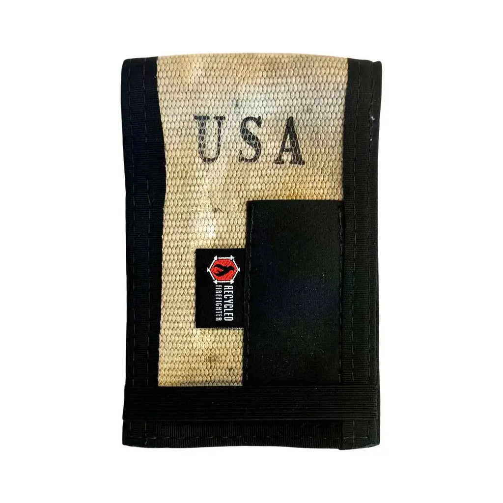 Firehose notebook cover, tan and black with fabric patch and elastic binding