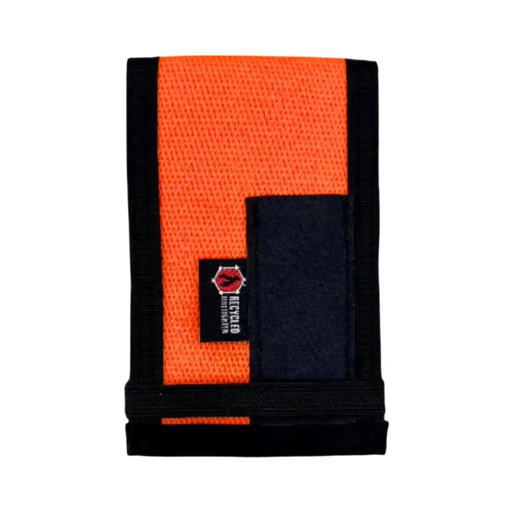 Firehose notebook cover, orange and black with fabric patch and elastic binding