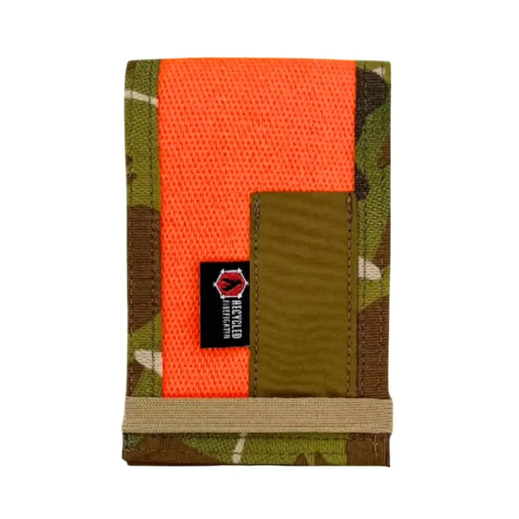 Firehose notebook cover, orange and olive camo with fabric patch and elastic binding