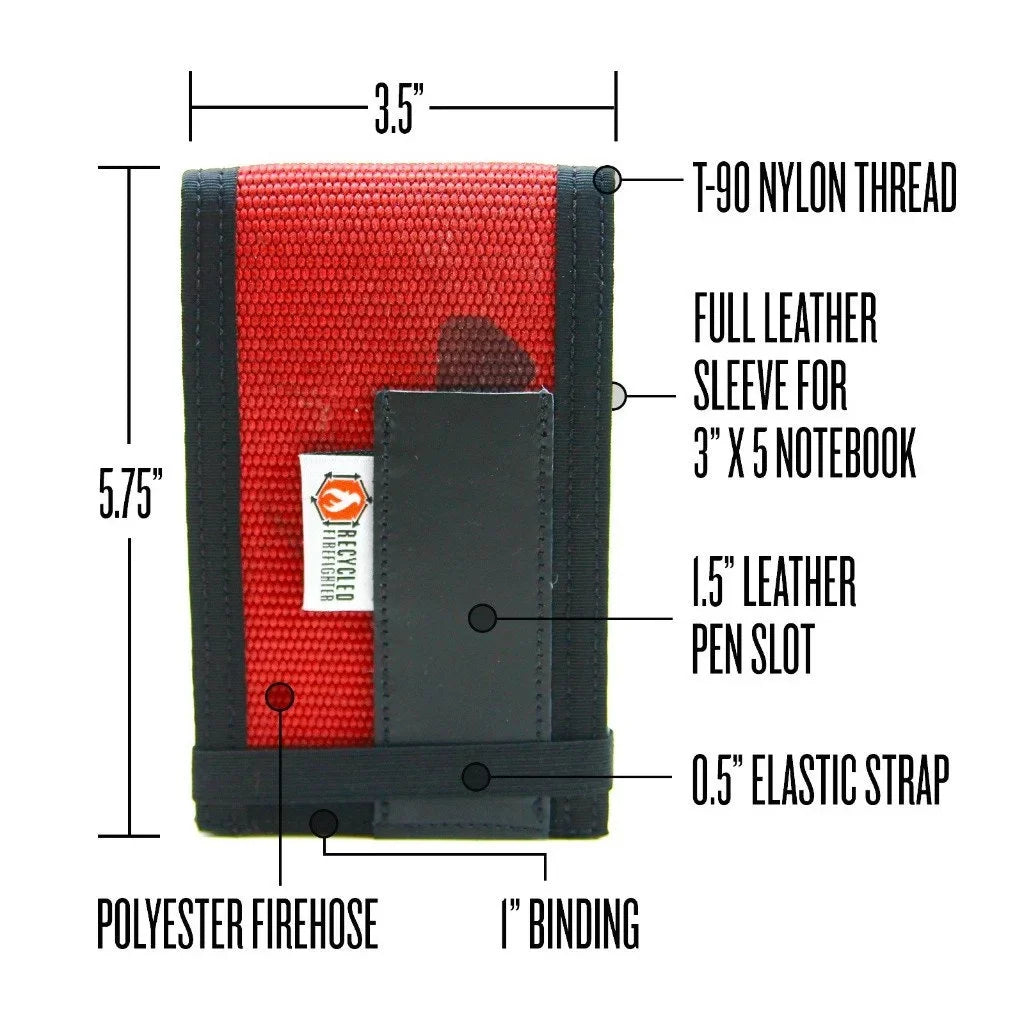 Firehose notebook cover size diagram showing pen slot, binder, and elastic strap
