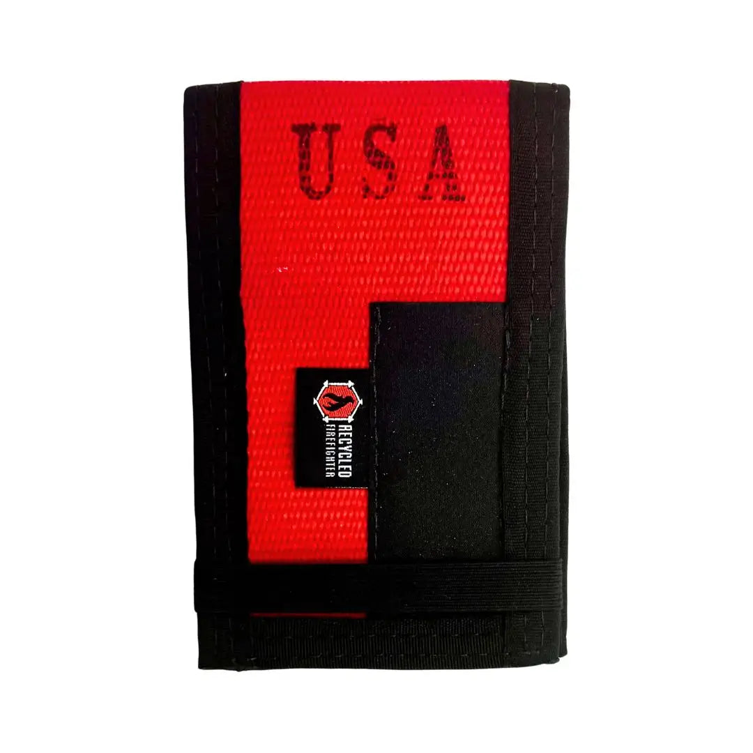 Firehose notebook cover, red and black with fabric patch and elastic binding
