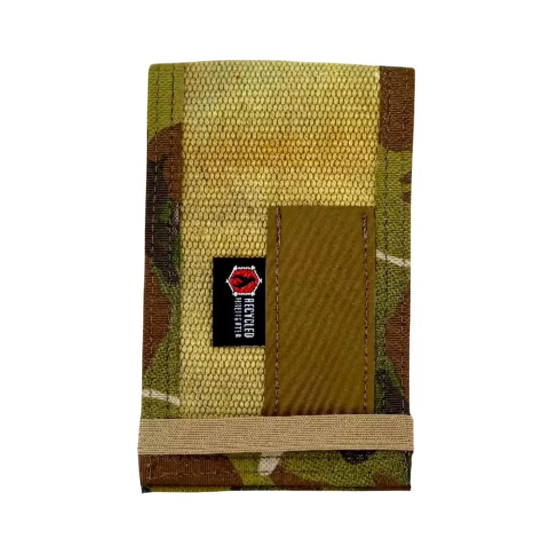 Rite in the Rain notebook cover, olive-yellow front with brown pocket and camo side panels