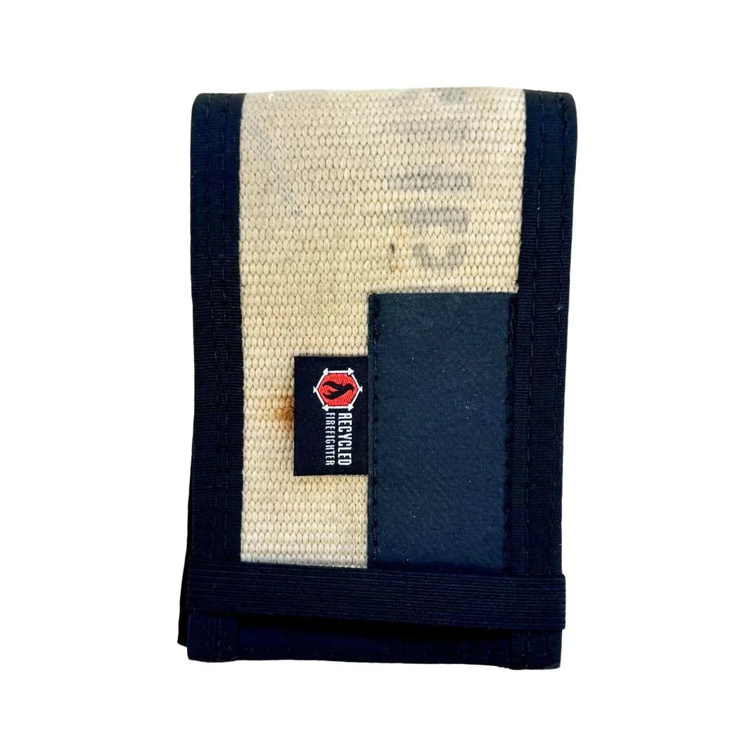 Firehose notebook cover, cream and dark blue with fabric patch and elastic binding