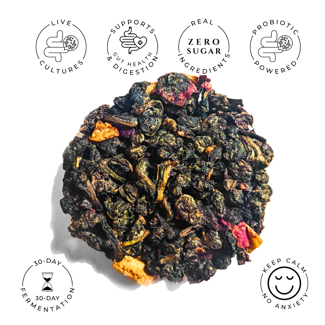 Rocky Rose No. 52 oolong tea disc, with colorful petals and peel among the dark leaves.