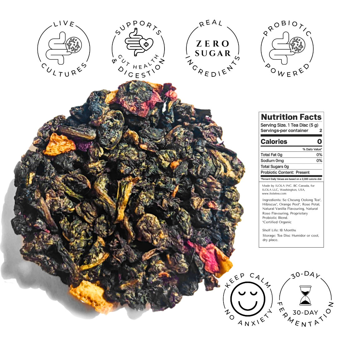 Rocky Rose No. 52 oolong tea disc with rose petals and orange peel beside its nutrition panel.