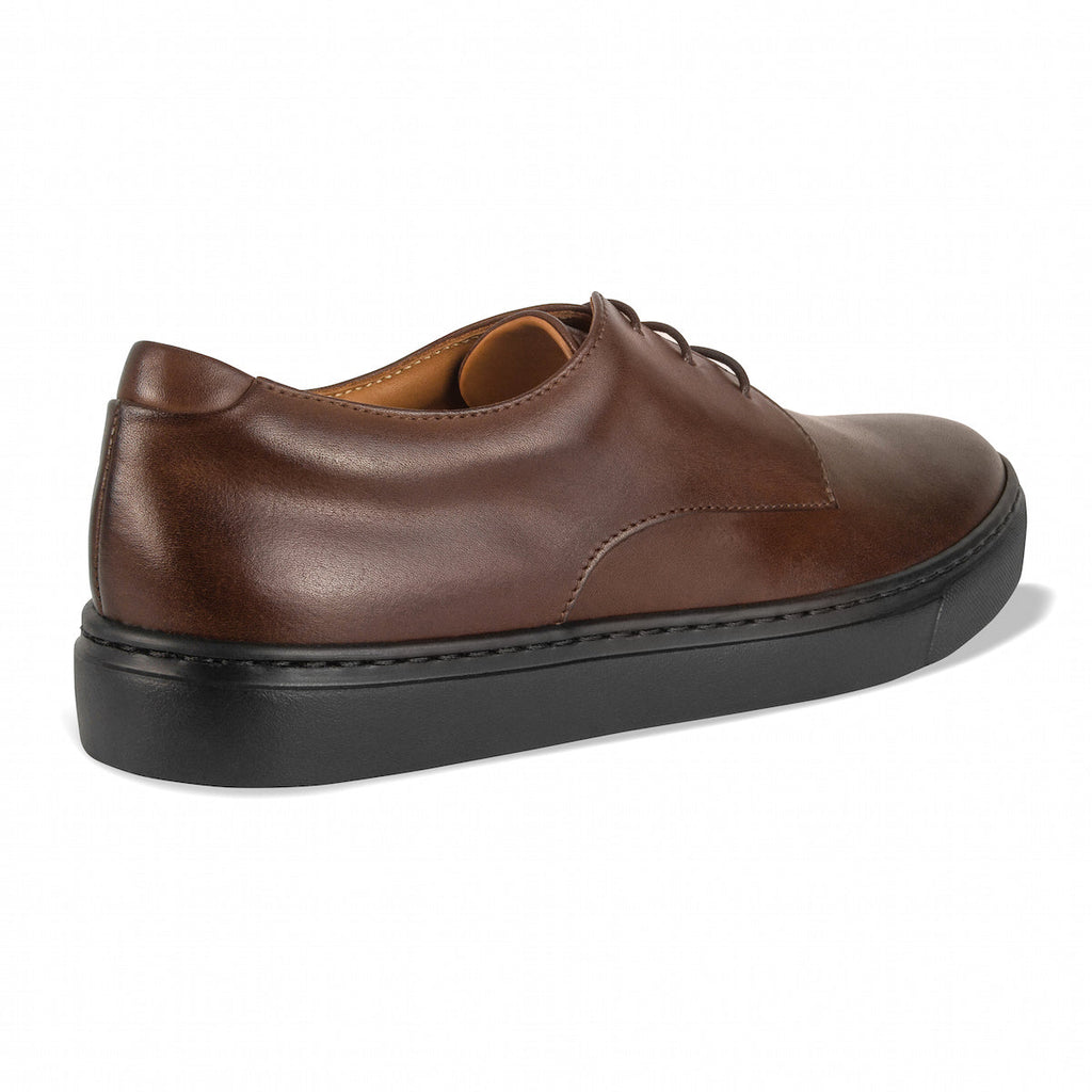 Men's brown leather lace-up oxford shoe side view with black rubber sole