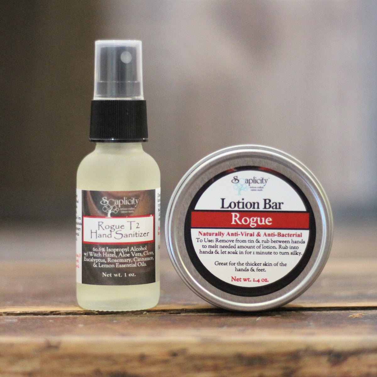 Hand sanitizer spray bottle and round lotion bar tin