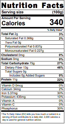 Nutrition Facts label for white rolled wheat flakes, serving size 100 g