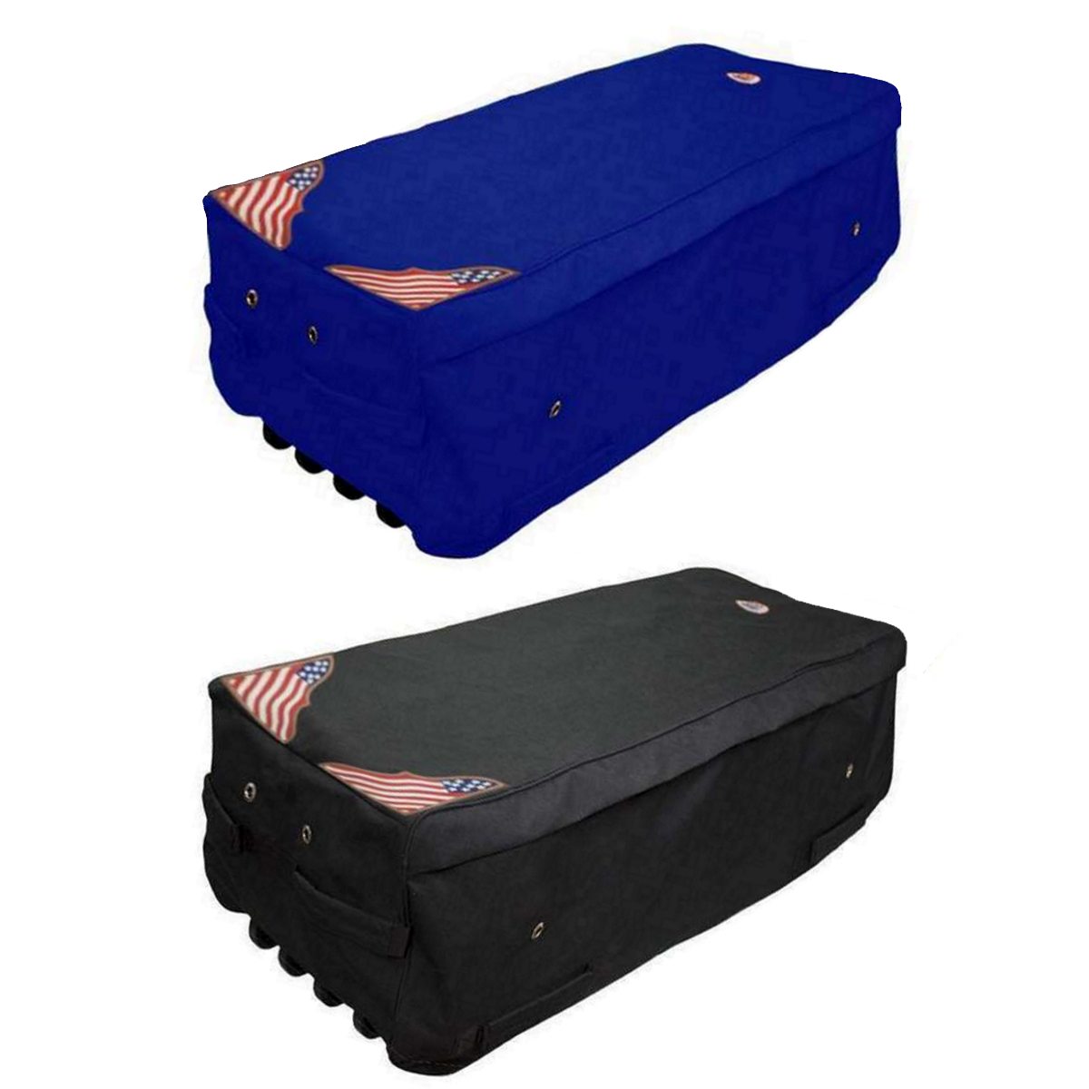 Patriotic waterproof rolling hay bale bag in royal blue with American flag patch