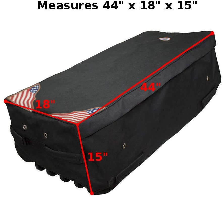 Dark rolling hay bale bag with American flag patch, showing length width height
