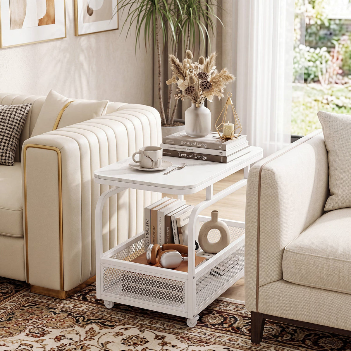 White side table with faux marble top and lower mesh basket shelf, rolling design
