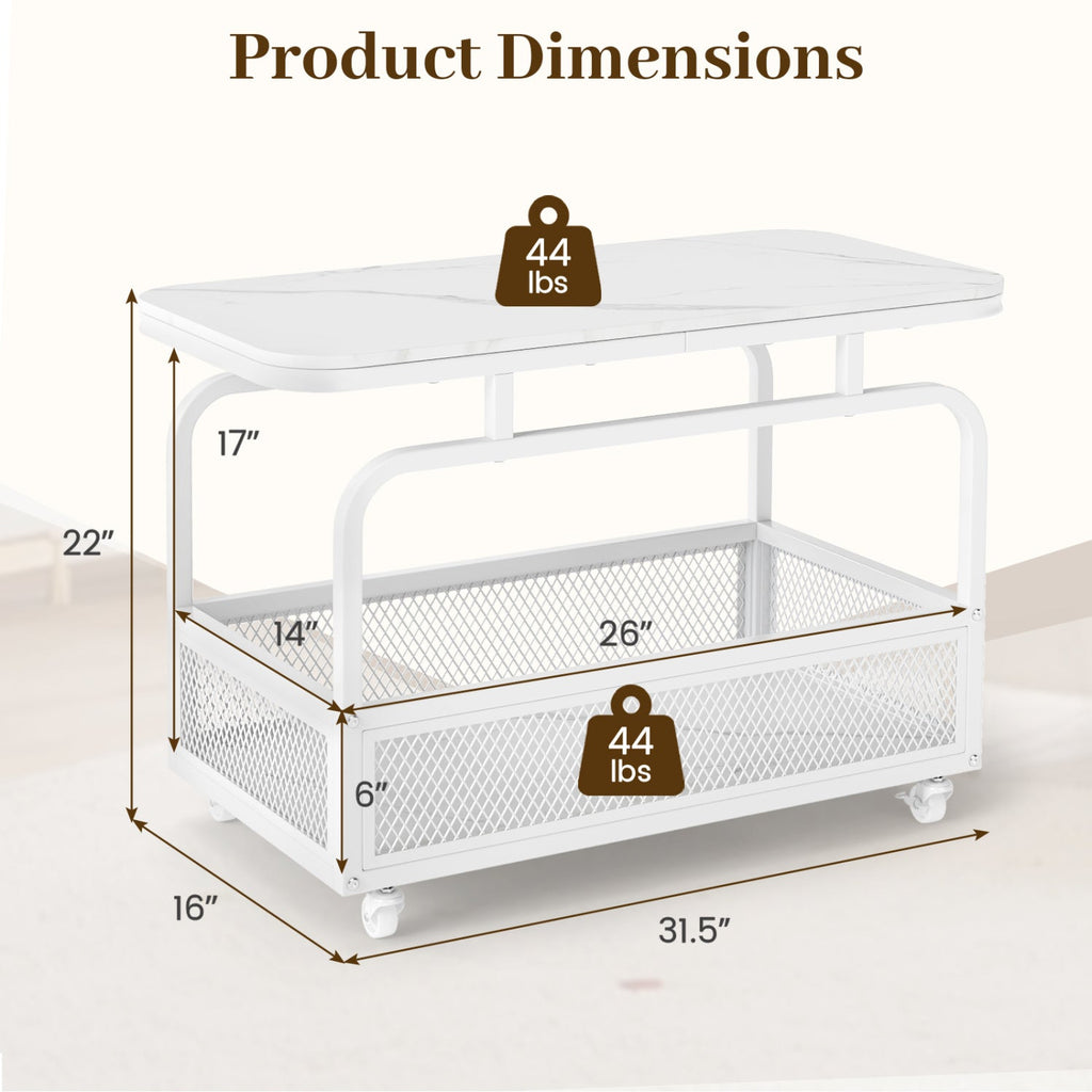 White faux marble rolling side table dimensions with two-tier mesh storage