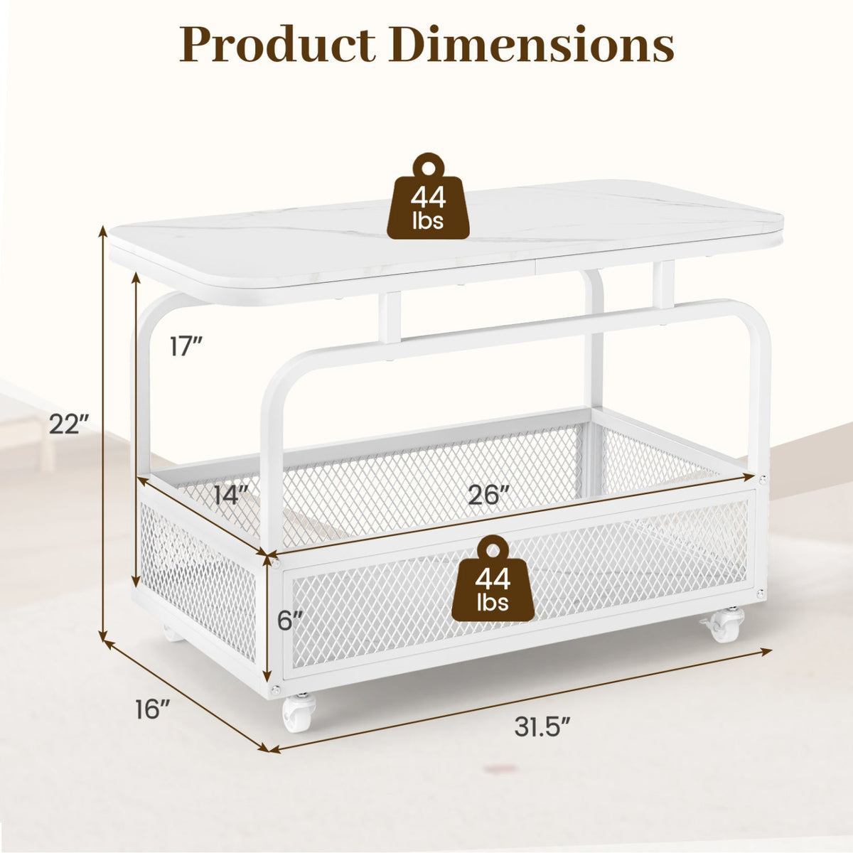White faux marble rolling side table dimensions with two-tier mesh storage