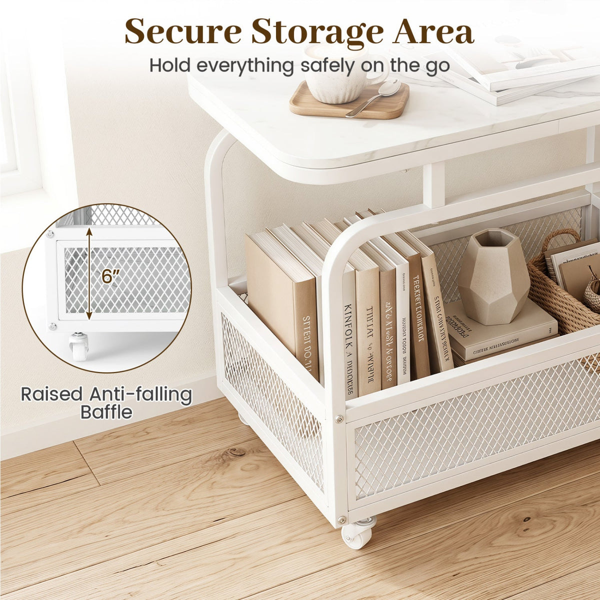 Rolling side table with faux marble top and raised anti-falling mesh baffle basket
