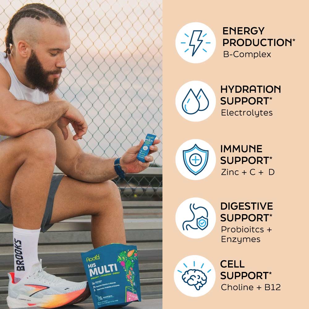 Multivitamin drink mix pouch and man holding a packet near outdoor court