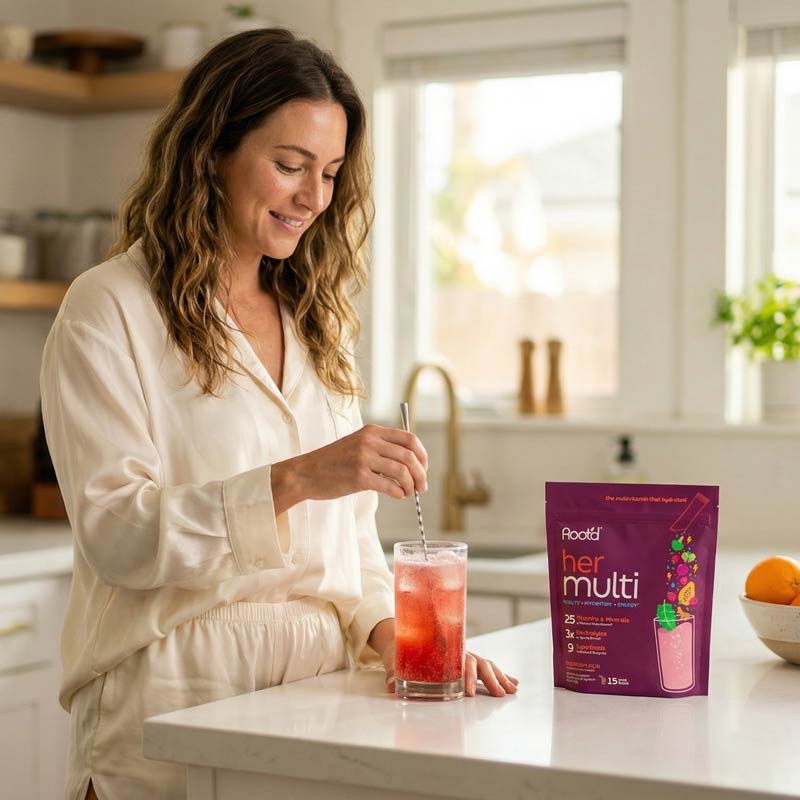 Woman pouring raspberry acai drink mix into a glass, with her multi pouch