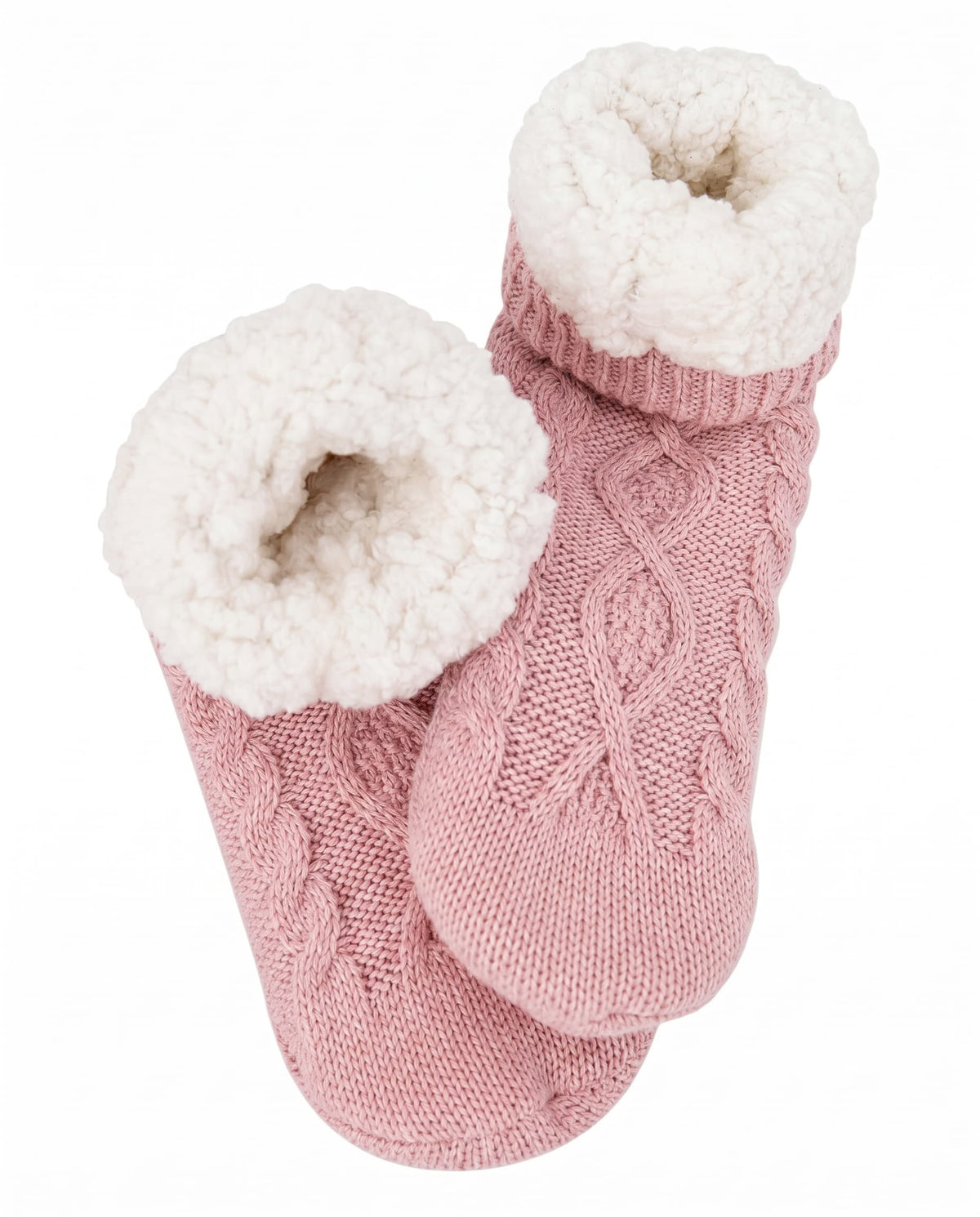 Rose pink slipper socks with thick white sherpa cuffs and cable knit texture