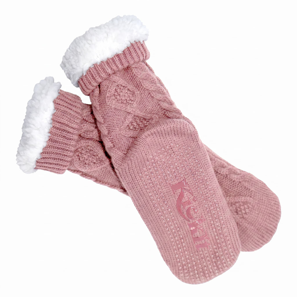Rose pink slipper socks with white sherpa trim and embroidered heel detail