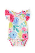 Short-sleeve flutter bodysuit with colorful floral print and ruffle sleeves
