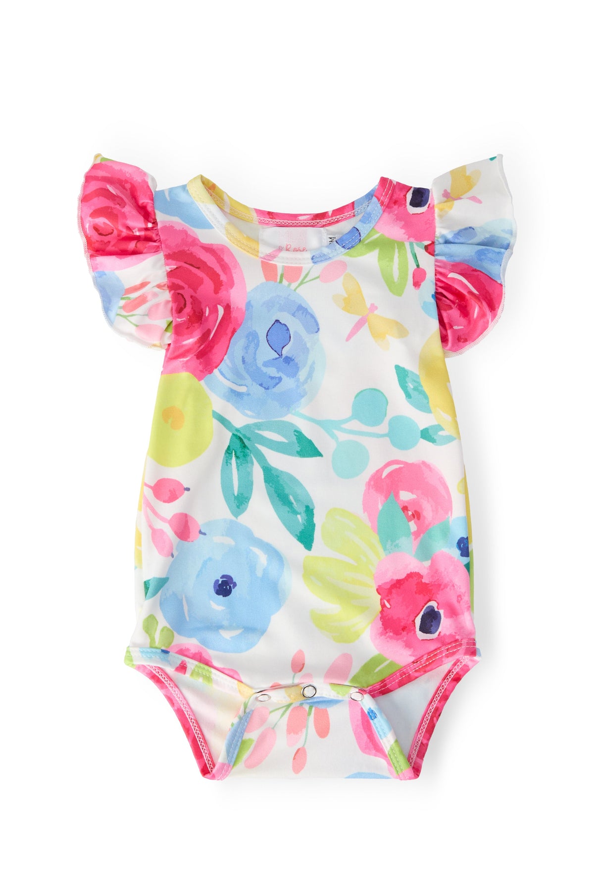 Short-sleeve flutter bodysuit with colorful floral print and ruffle sleeves