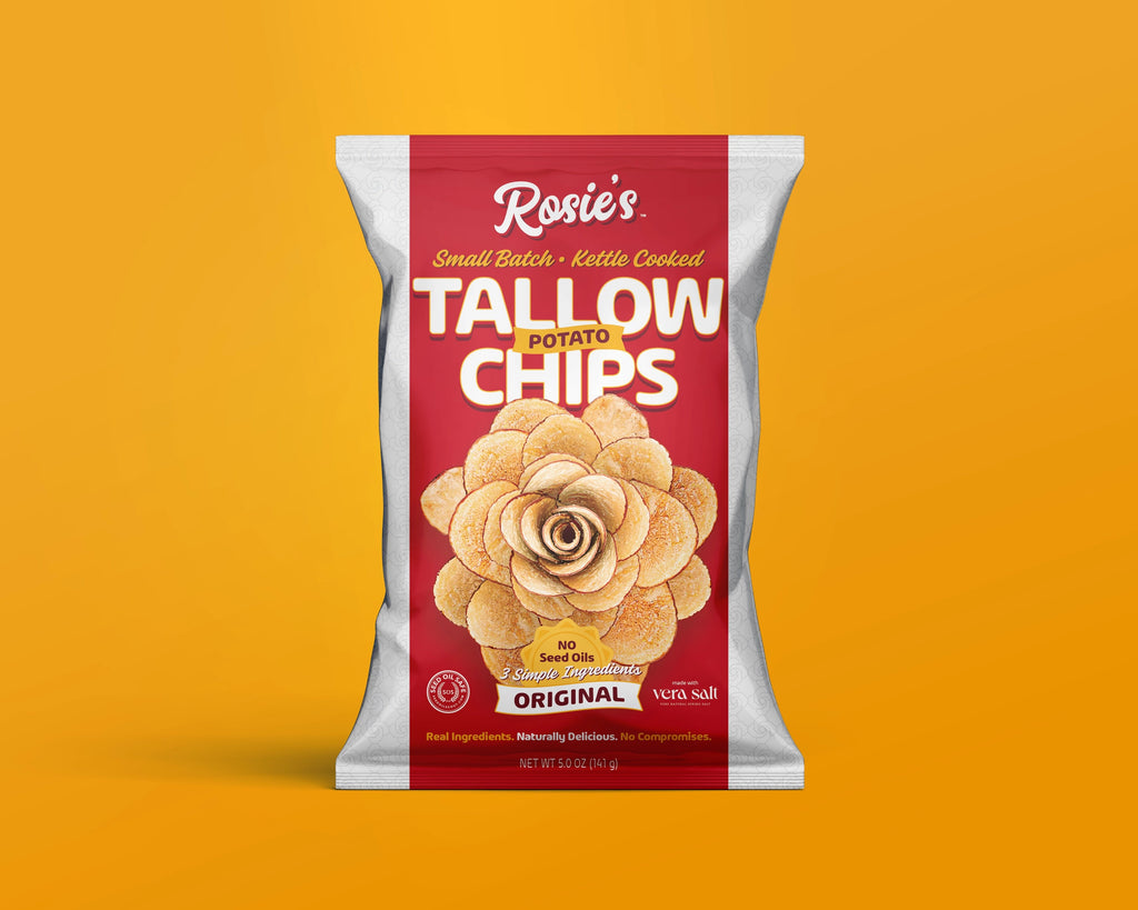 Original sea salt tallow potato chips bag with rose artwork on the front