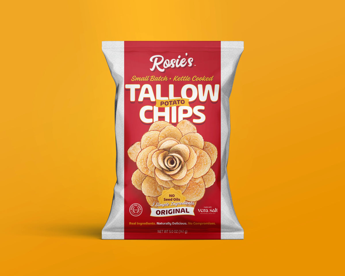 Original sea salt tallow potato chips bag with rose artwork on the front