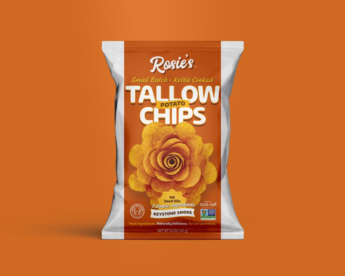 Keystone smoke tallow potato chips bag with rose artwork on the front