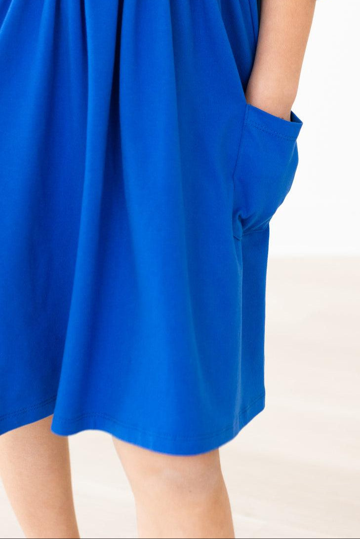 Royal blue pocket twirl dress with side seam pockets and 3/4 sleeves