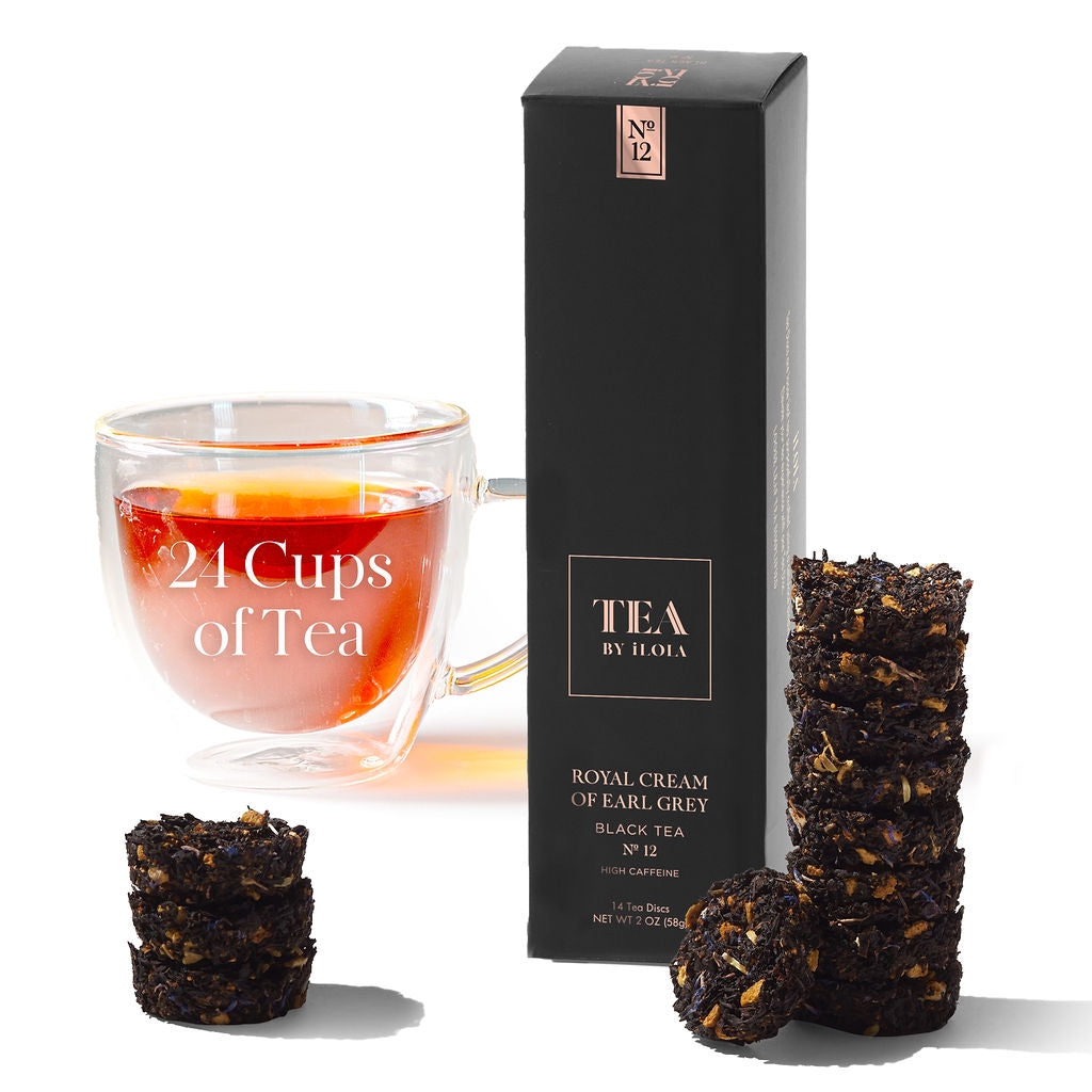 Black Earl Grey tea box with a cup of tea and loose tea discs