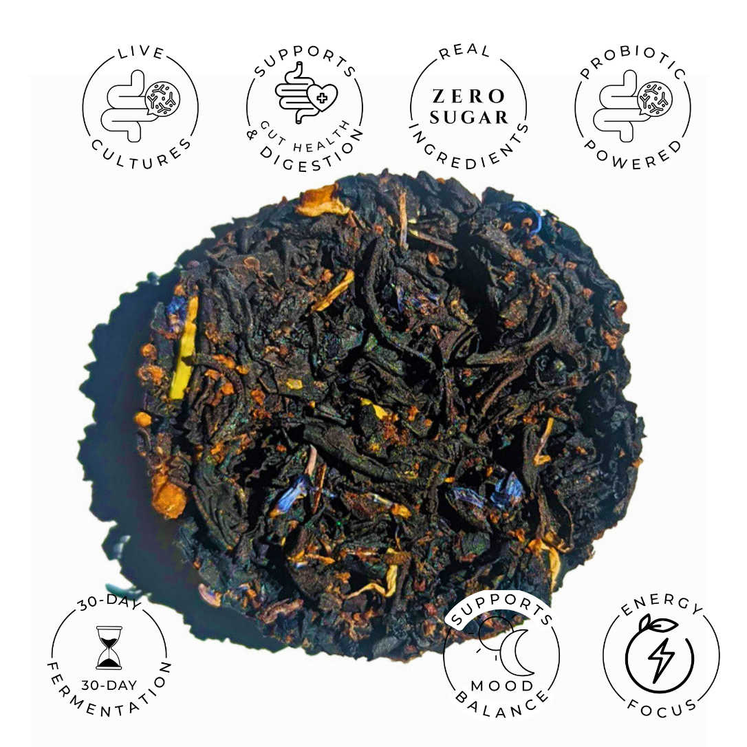 Earl Grey black tea disc with orange peel and blue cornflower pieces