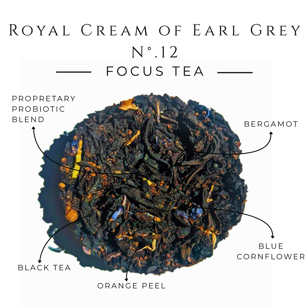 Earl Grey tea disc showing black tea, orange peel, bergamot, and blue cornflower