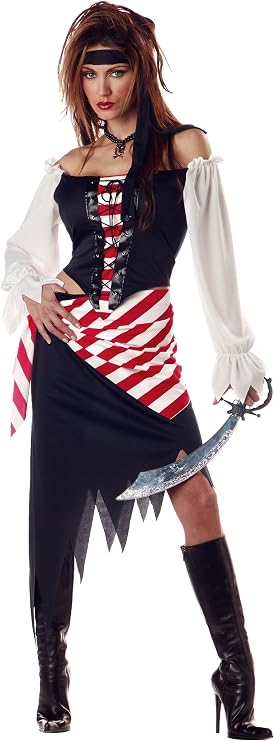 Women’s pirate beauty costume with navy dress, white-red corset lacing, striped trim, off-shoulder sleeves