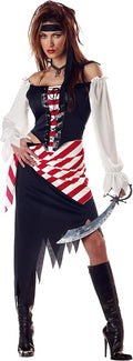 Women’s pirate beauty costume with navy dress, white-red corset lacing, striped trim, off-shoulder sleeves