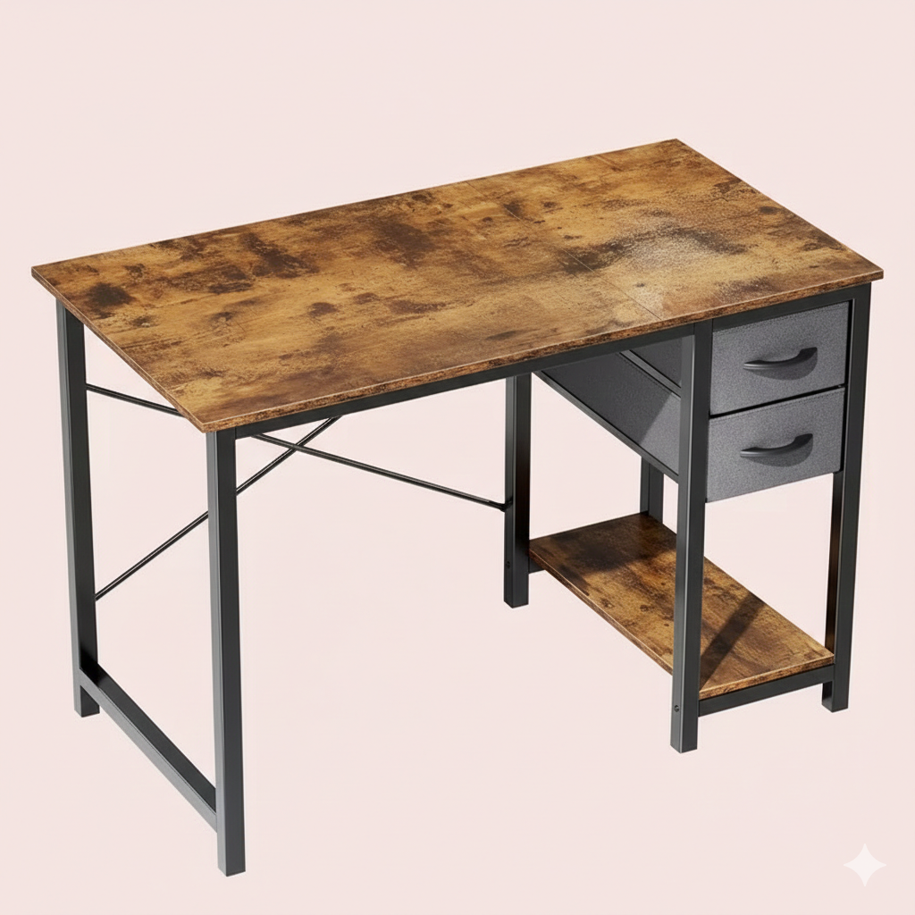 Rustic computer desk with fabric drawers and side shelf under the tabletop